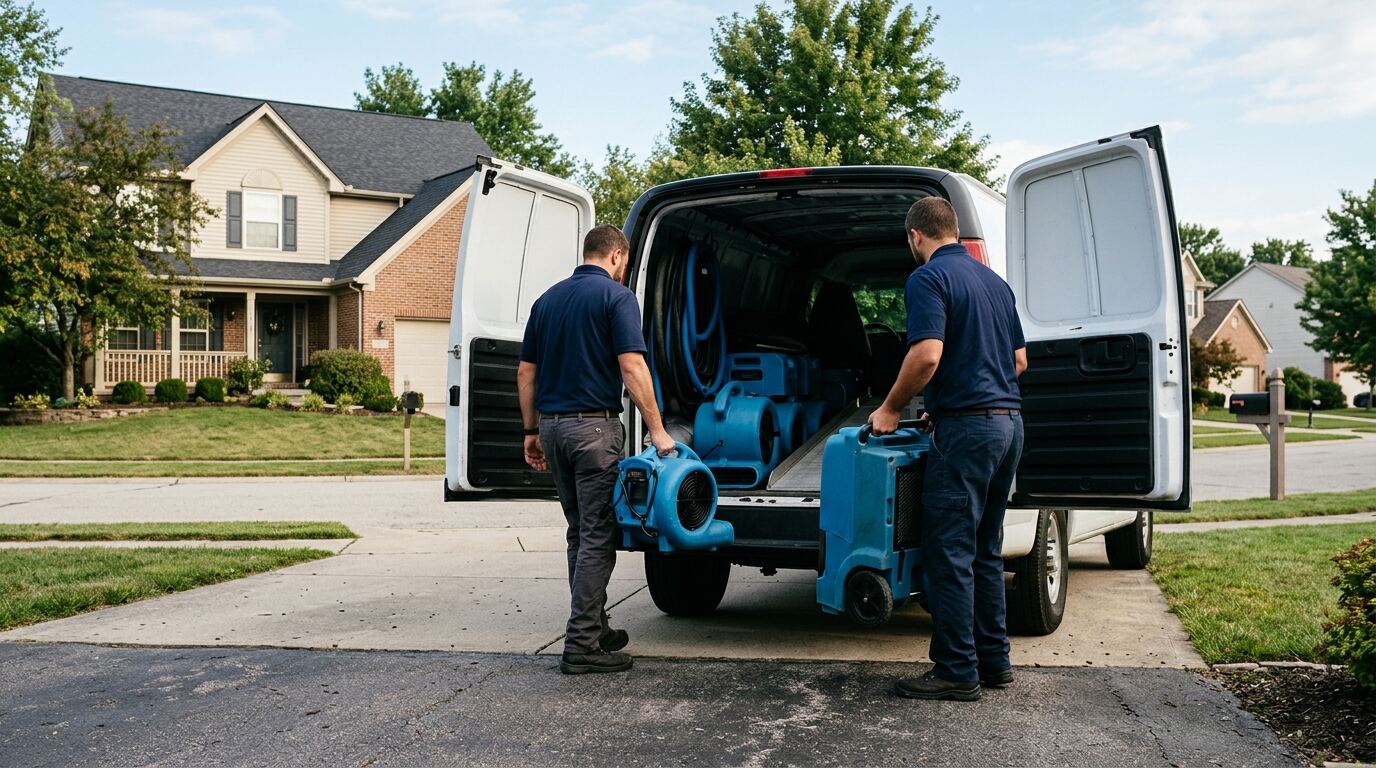 About Blue Arrow Restoration Blue Arrow Restoration technicians setting up drying equipment on a job site