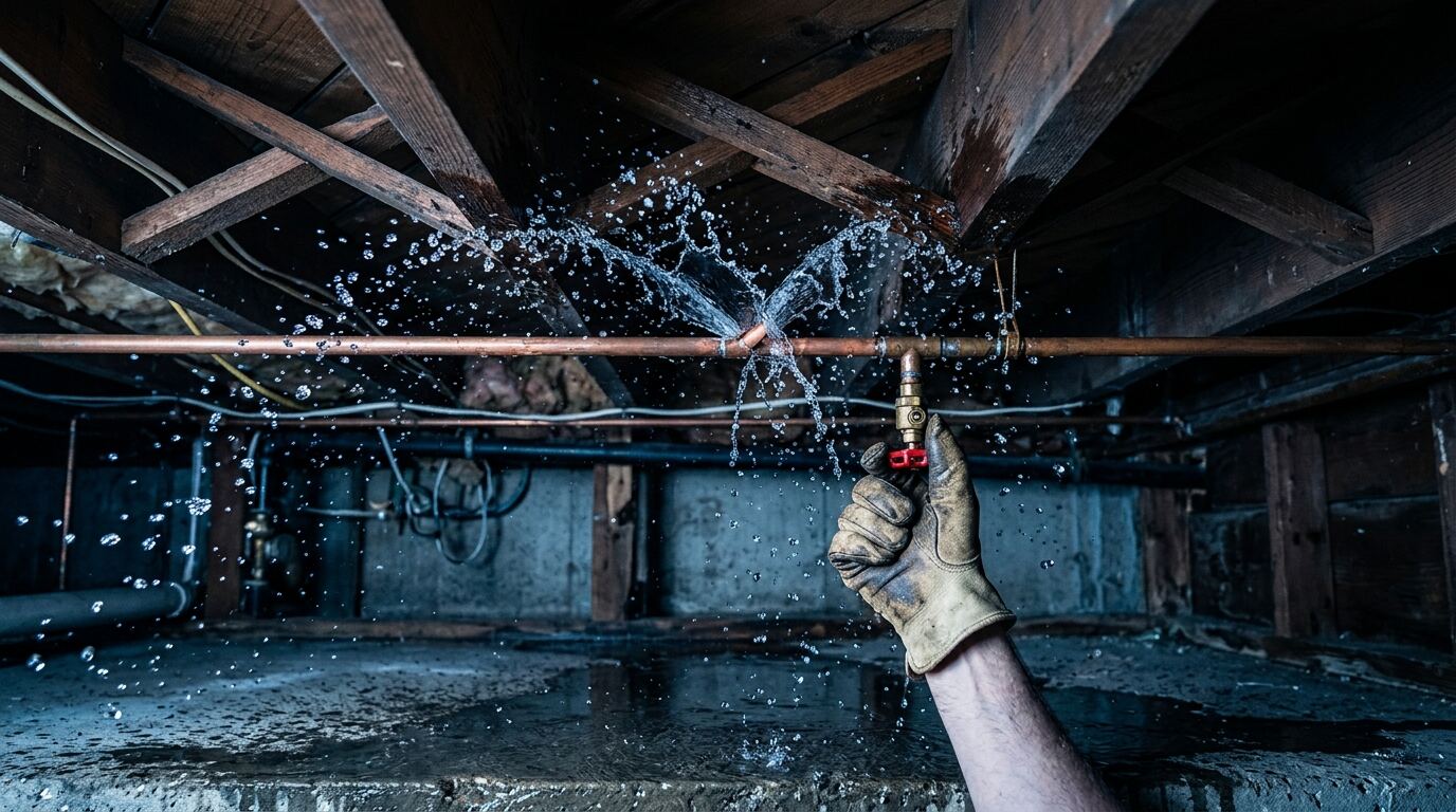 Burst Pipe Emergency Burst pipe spraying water from a basement ceiling, main water valve must be shut off