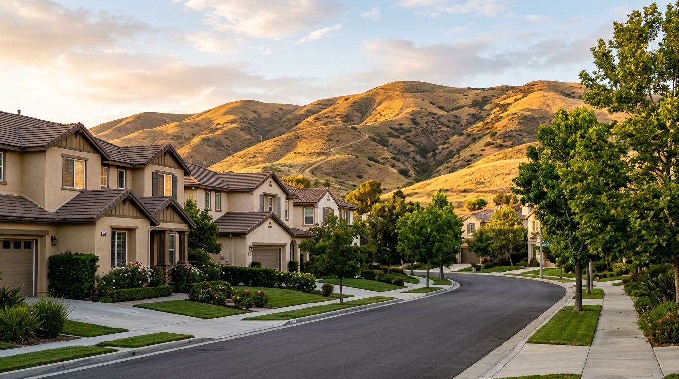 Chino Hills Water Damage Restoration Chino Hills California suburban street with stucco homes and golden hills