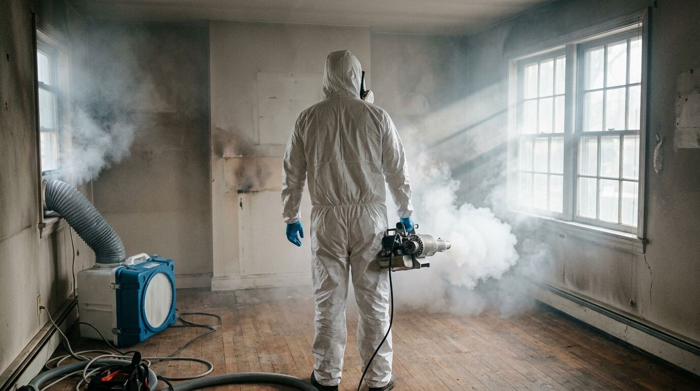 Smoke and Odor Removal Technician using a thermal fogger to remove smoke odor from a living room