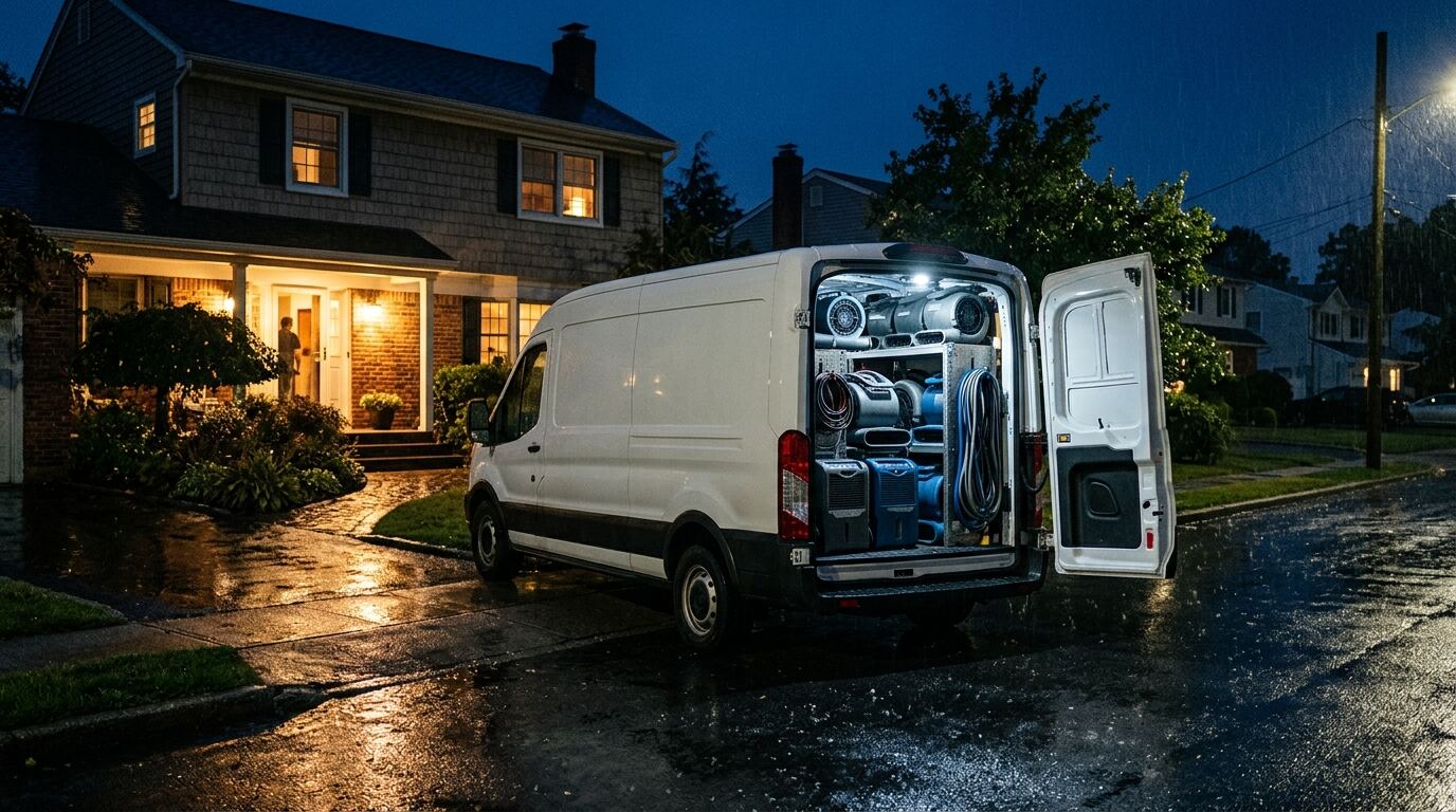 Service vehicle arriving at a Long Island home on a rainy night for emergency restoration