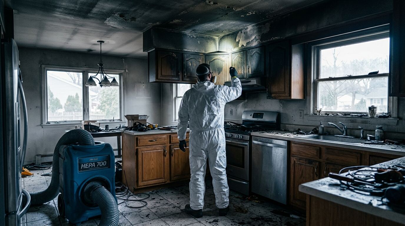 Fire and Smoke Damage Restoration Kitchen after a fire with smoke-blackened ceiling and cabinets being assessed for restoration