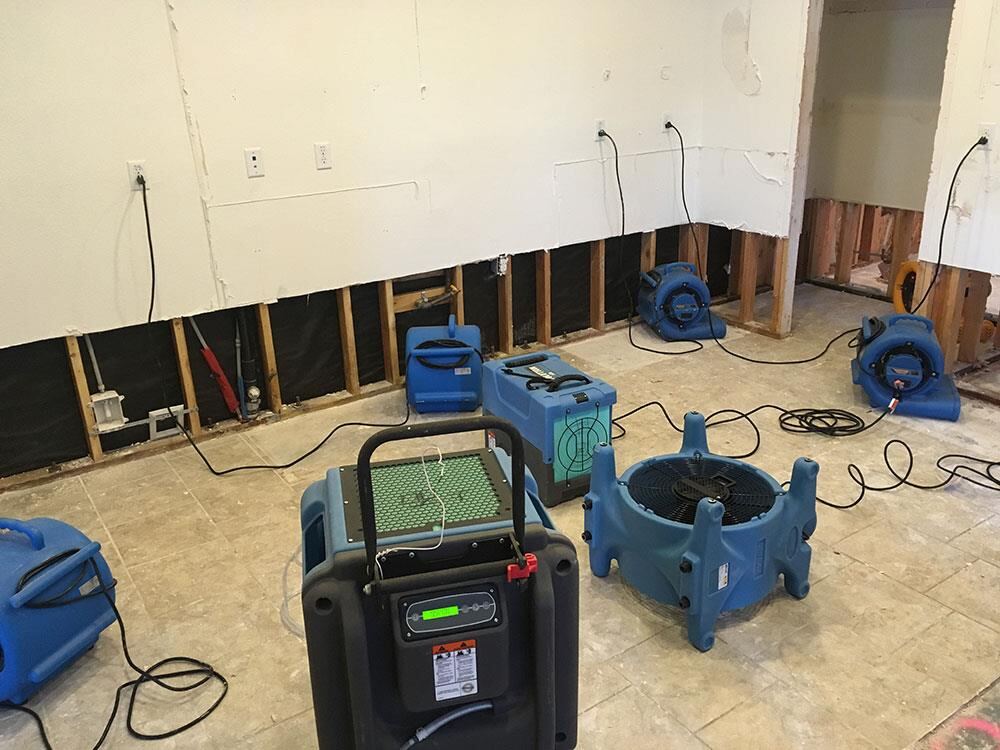 Basement wall flood cut dried with a commercial dehumidifier
