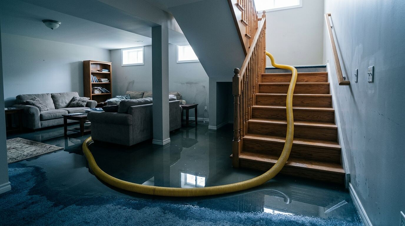 Flood Cleanup Flooded Long Island basement after a storm with a pump hose running down the stairs