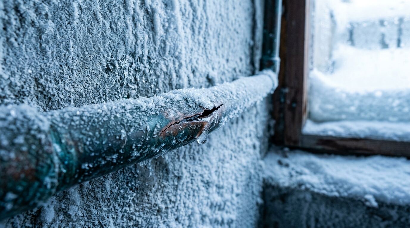 Frost-covered pipe on a basement exterior wall in winter