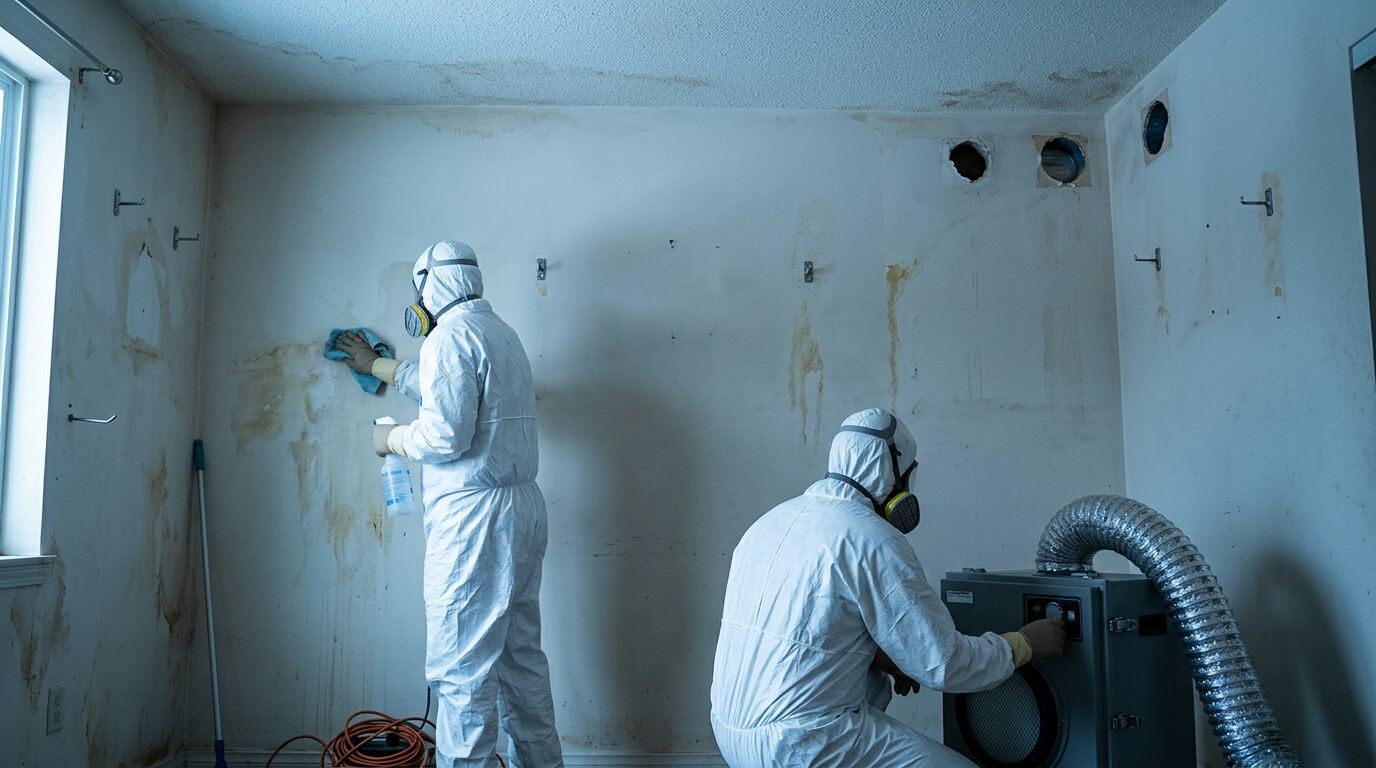 Technician in protective suit cleaning a chemically contaminated room