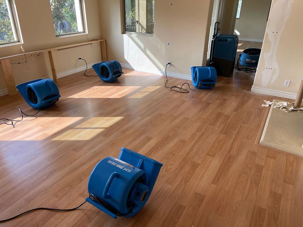 Water Damage Restoration Row of commercial air movers drying a water-damaged hardwood living room floor