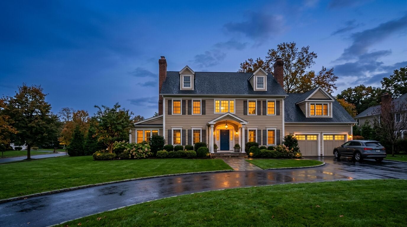 Long Island colonial home at dusk served by the Blue Arrow Restoration New York office in Plainview