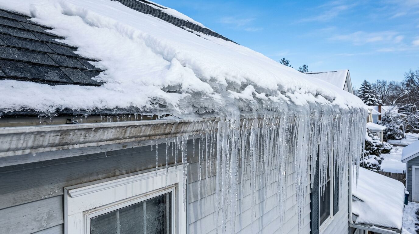 Ice dam and icicles on a roof edge