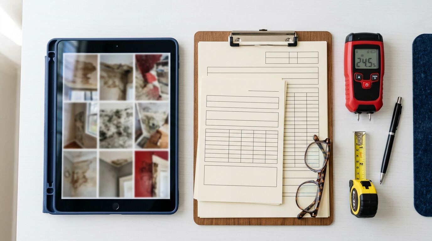 Water damage insurance claim documentation with site photos on a tablet, forms, moisture meter and tape measure