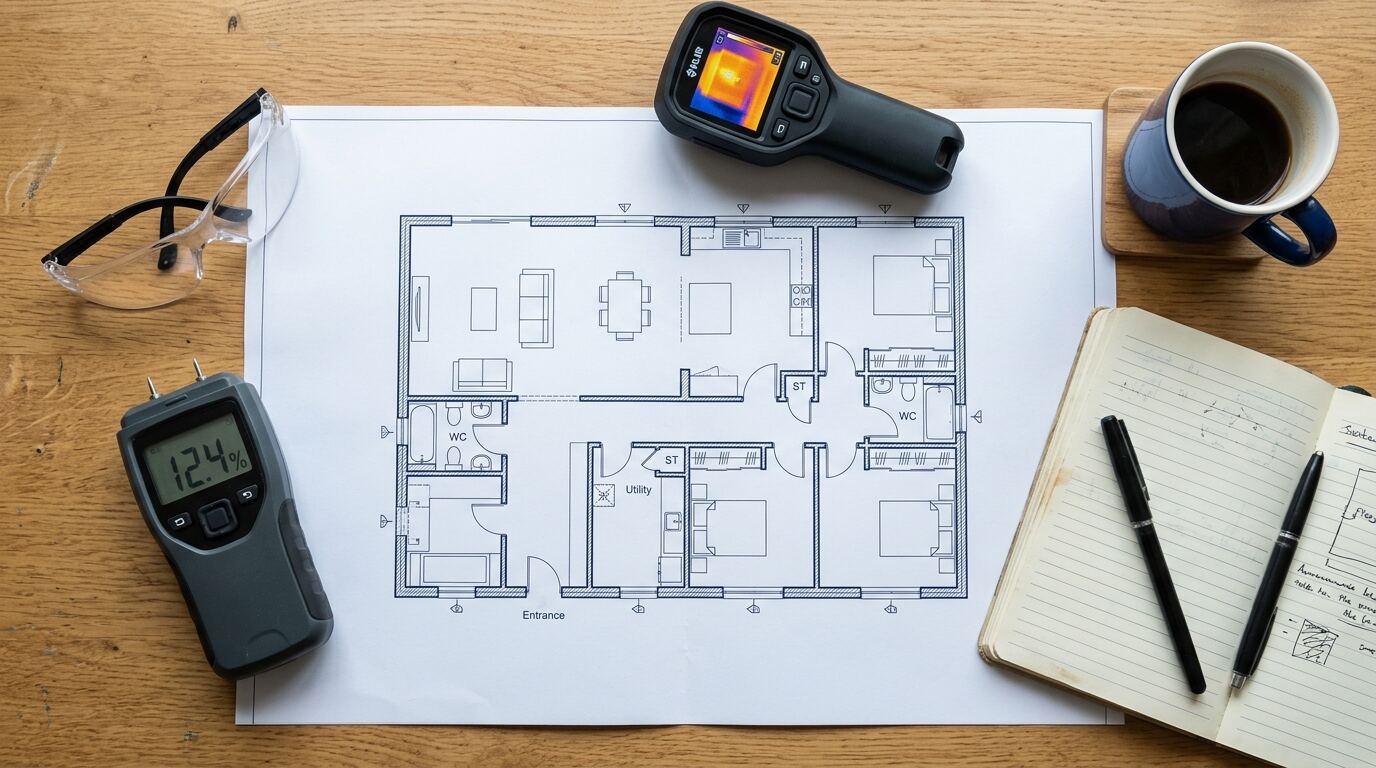 Homeowner Restoration Guides House plans, moisture meter and thermal camera on a desk