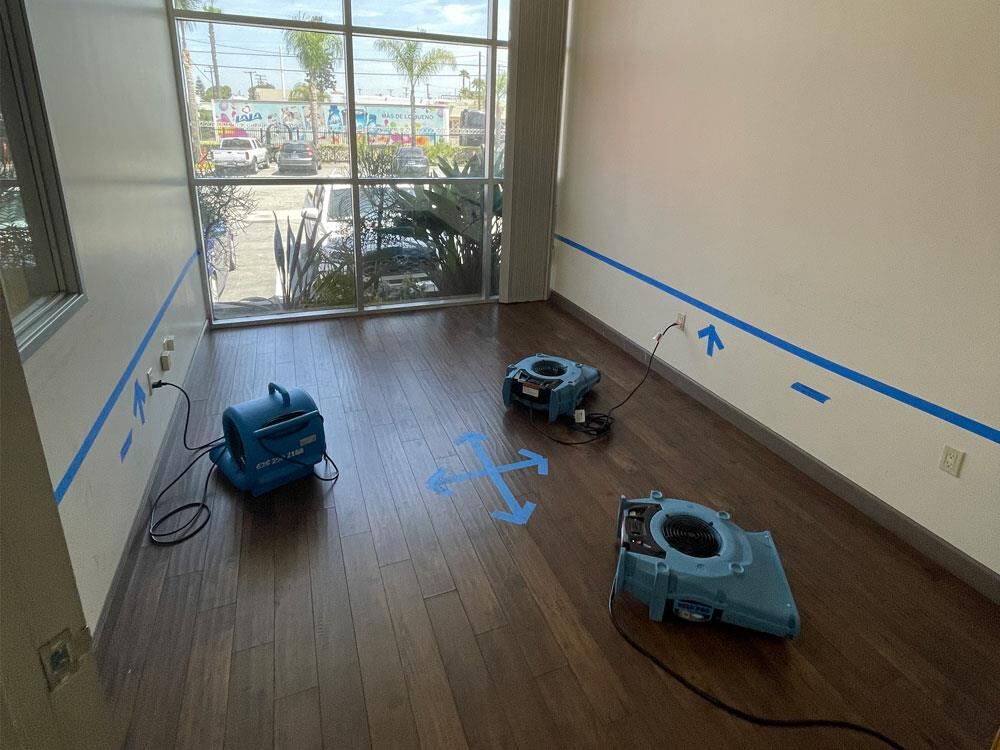 Wood-look floor by floor-to-ceiling windows dried after water extraction