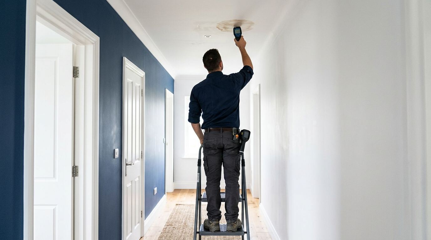 Technician checking a ceiling water stain with a moisture meter to trace a leak