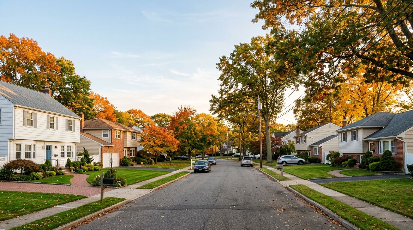 Long Island Water Damage Restoration Nassau County Long Island residential street with colonial homes and fall trees