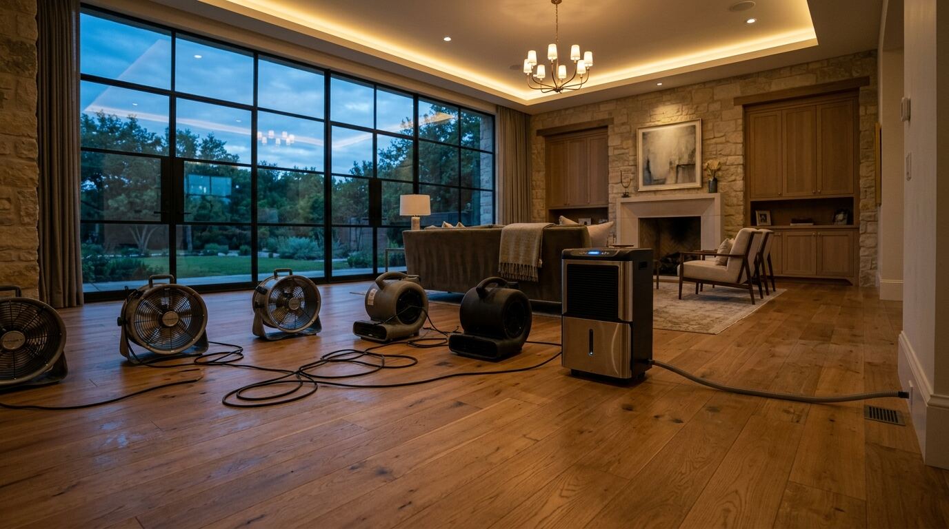 Elegant living room with oak hardwood floors being dried by air movers and a dehumidifier after water damage in a New York home