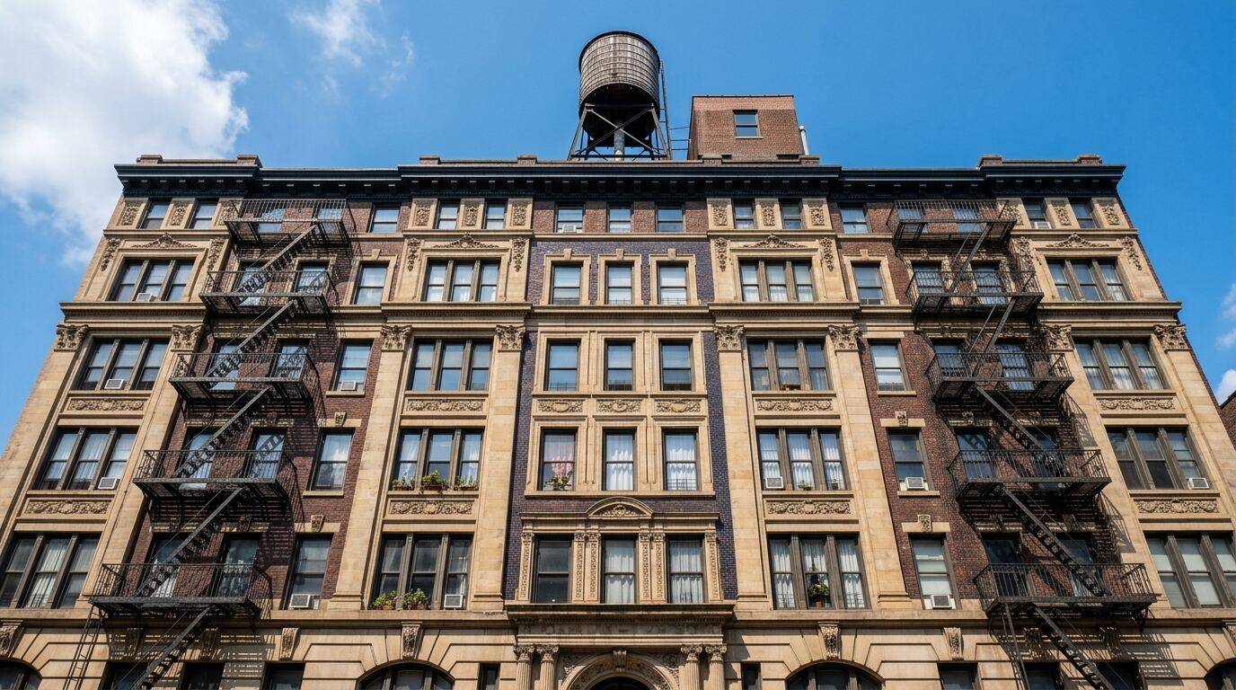 Manhattan Apartment Water Damage Prewar Manhattan apartment building facade with fire escapes