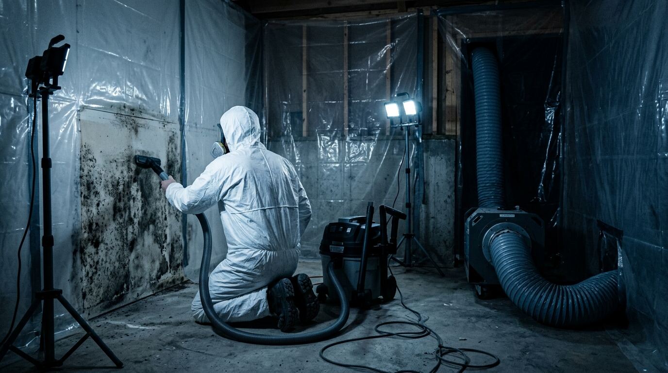 Mold Remediation Mold remediation technician using a HEPA vacuum inside basement containment