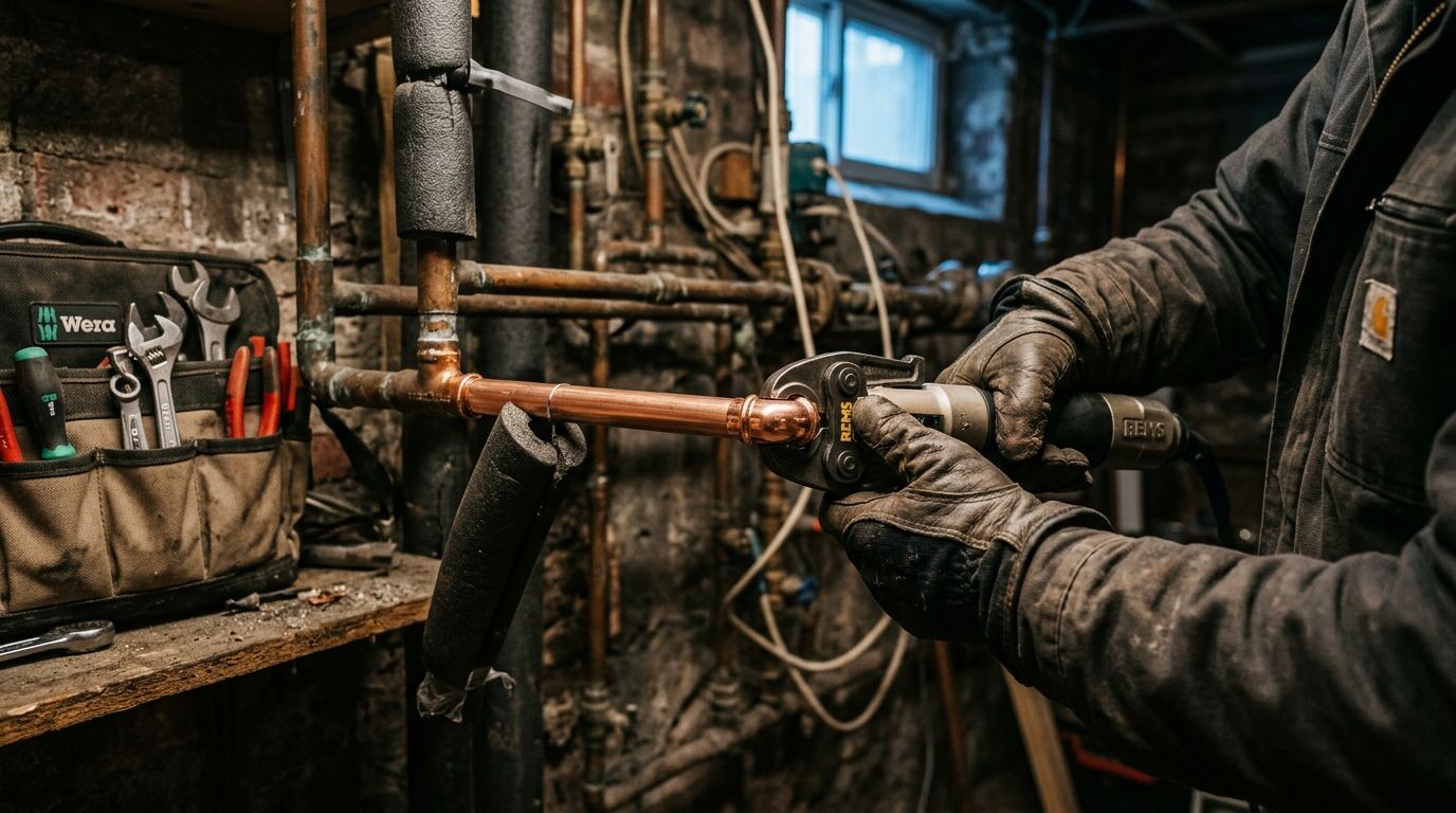 Pipe Leak Repair Technician replacing a leaking section of copper water pipe in a basement