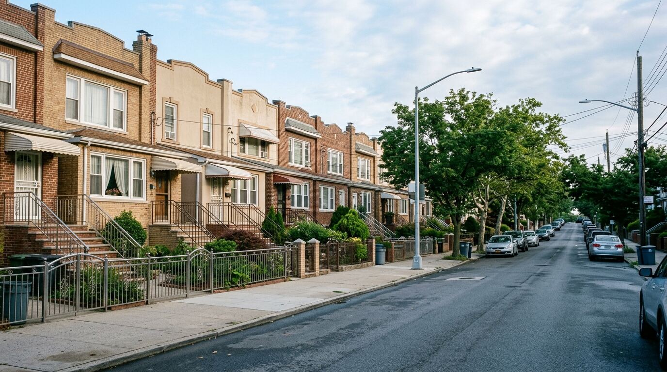 Queens Water Damage Restoration Queens street of attached brick two-family homes