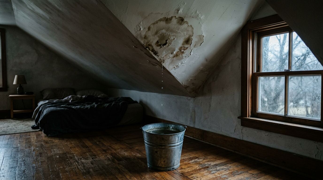 Water stain on a ceiling from a roof leak