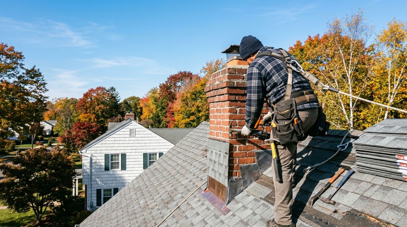 Roof Leak Repair Replacing damaged asphalt shingles and chimney flashing to repair a Long Island roof leak