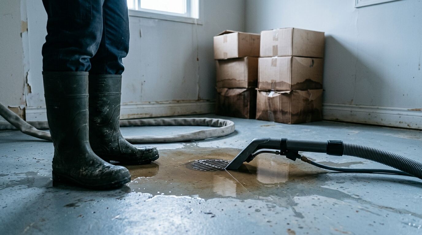 Sewage Cleanup Technician in protective boots extracting sewage from a basement after a floor drain backup