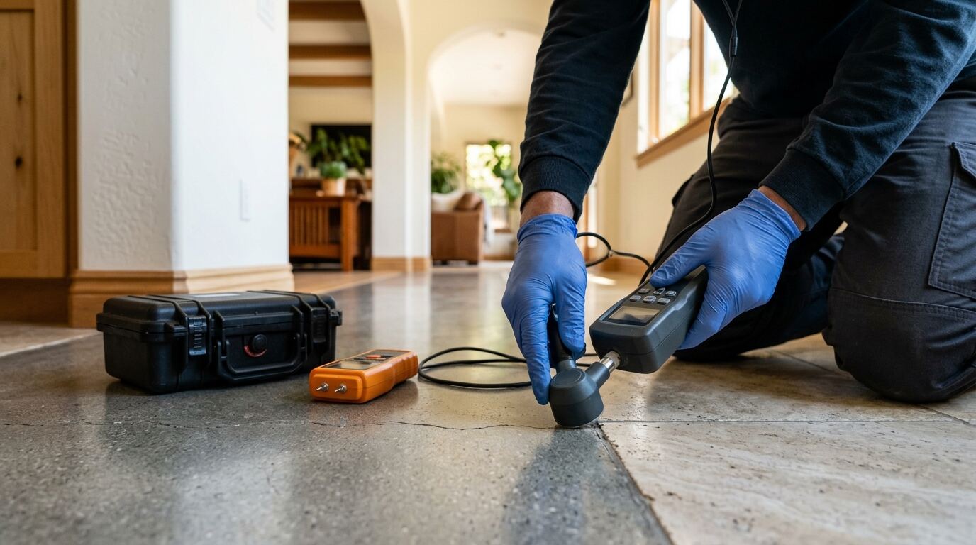 Technician using acoustic leak detection equipment on a concrete floor to locate a slab leak