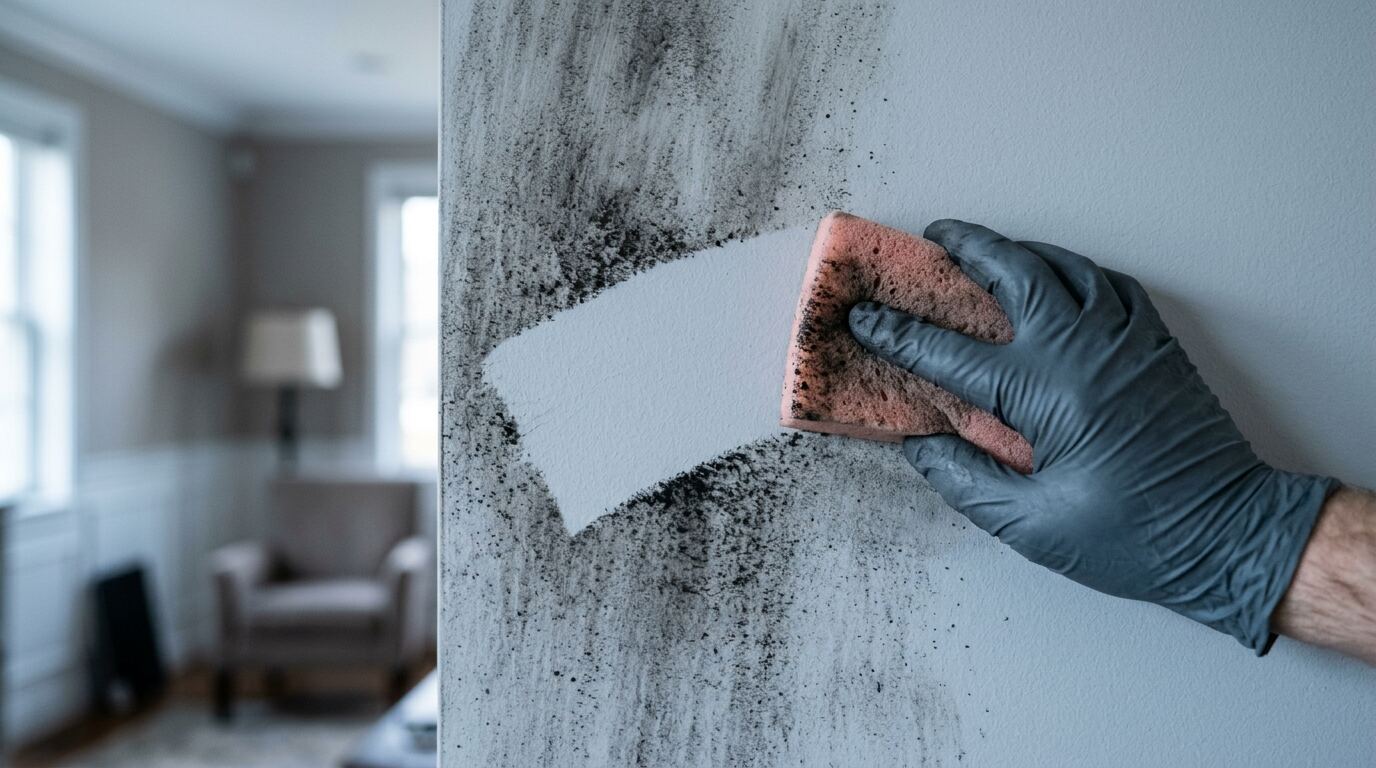 Dry soot sponge cleaning smoke residue from a wall