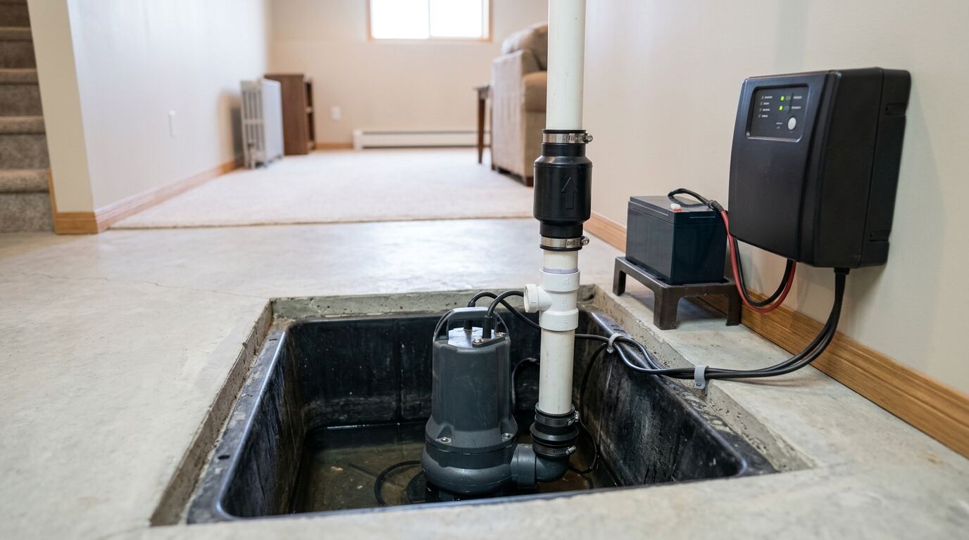 Basement sump pump with battery backup