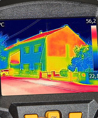 Thermal imaging camera revealing hidden moisture behind a wall during a water damage inspection