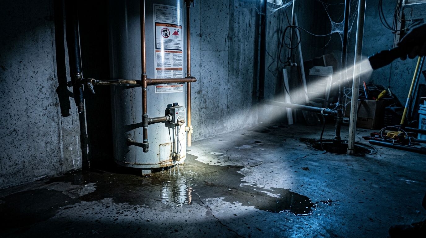 Water pooling under a leaking water heater in a basement