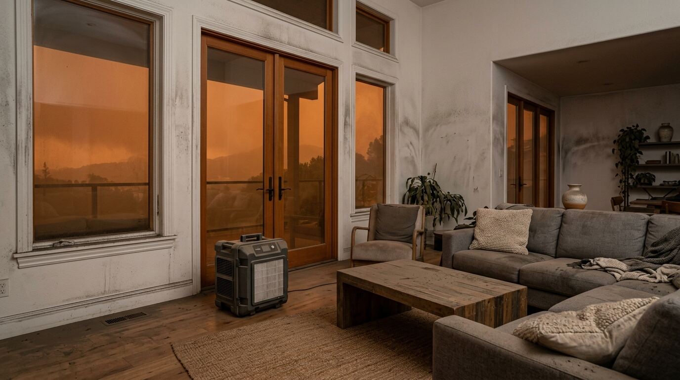 California living room with wildfire smoke haze and soot on walls